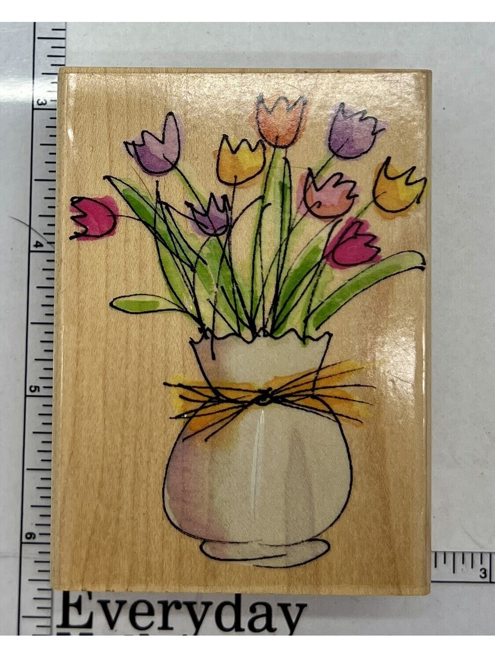 Vintage Tulip Bouquet Vase Bow Wood Mounted Rubber Stamp Spring